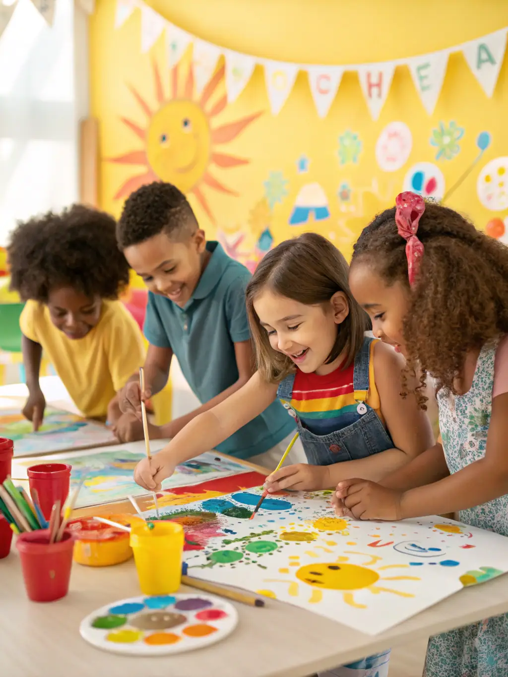 A diverse group of students working together on an art project, showcasing the inclusive and collaborative environment at Education For Learners.