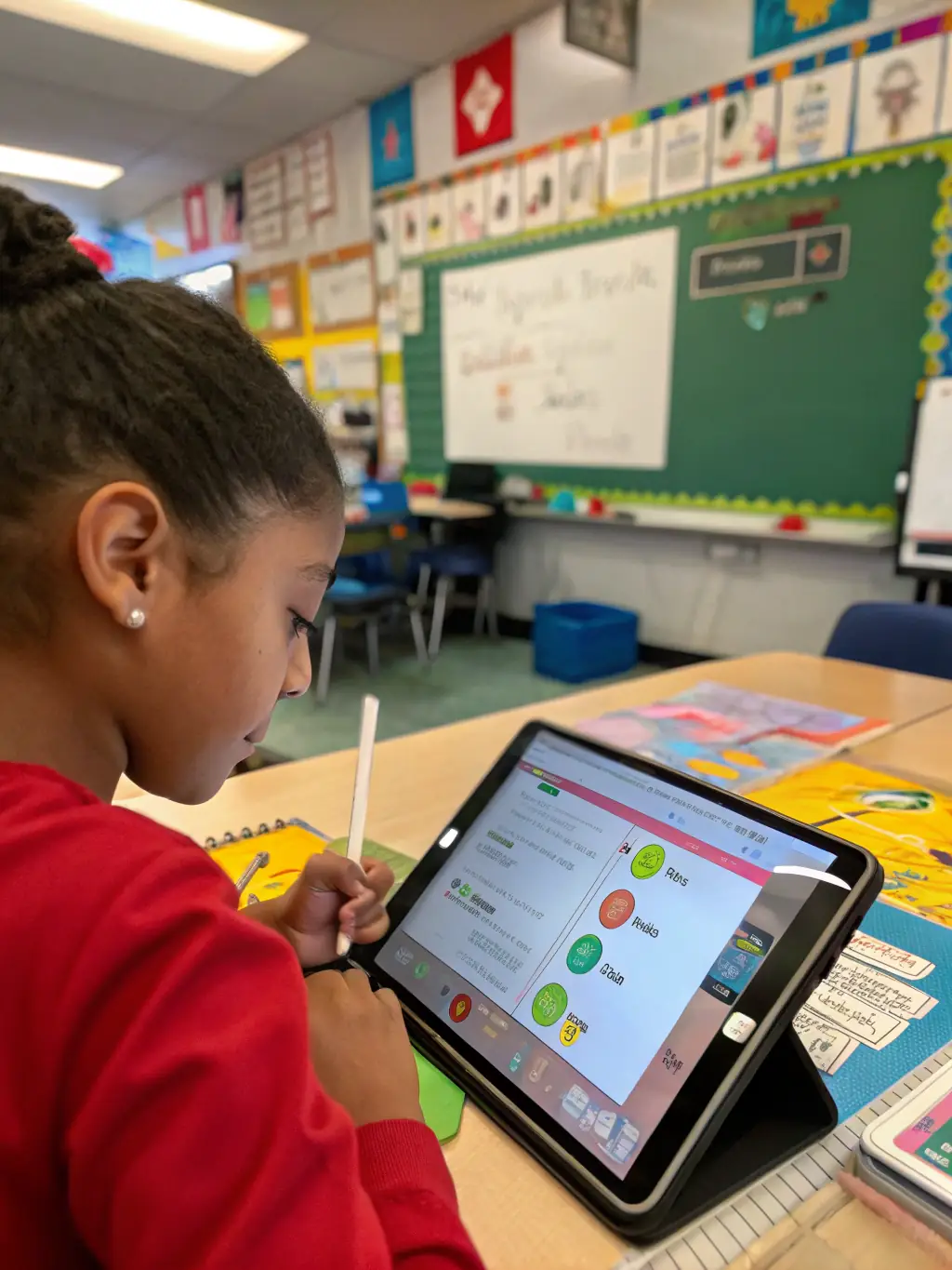 A digital illustration of a student using an online learning platform on a tablet, with interactive lessons and virtual classrooms displayed on the screen.