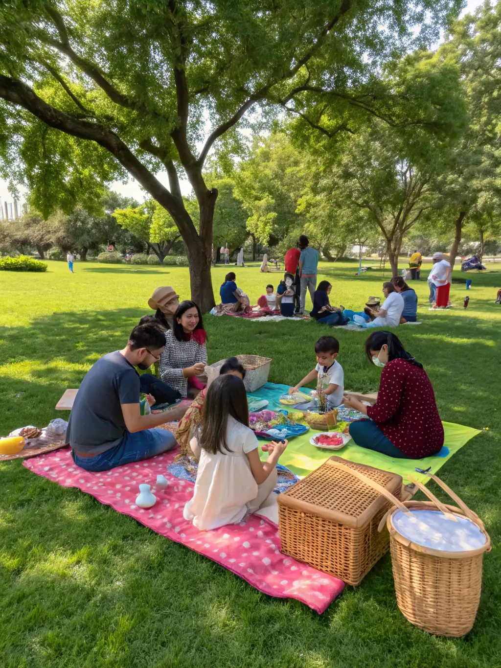 A photograph of a group of home schooling families gathered at a local park for a social event, with children playing and parents chatting.