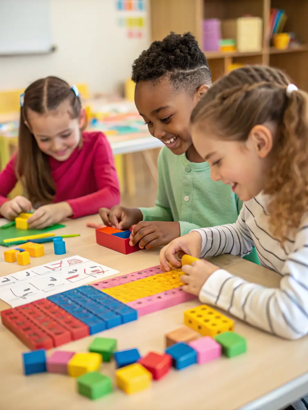 A diverse group of elementary students participating in a hands-on math activity, using manipulatives and demonstrating teamwork and engagement.