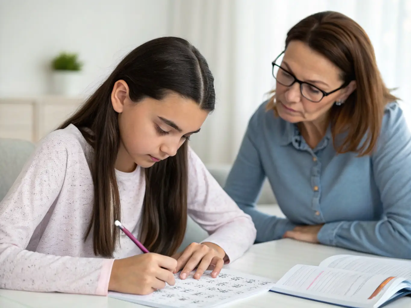 A high school student working on a complex math problem, highlighting the advanced academic opportunities available in a homeschool co-op setting.