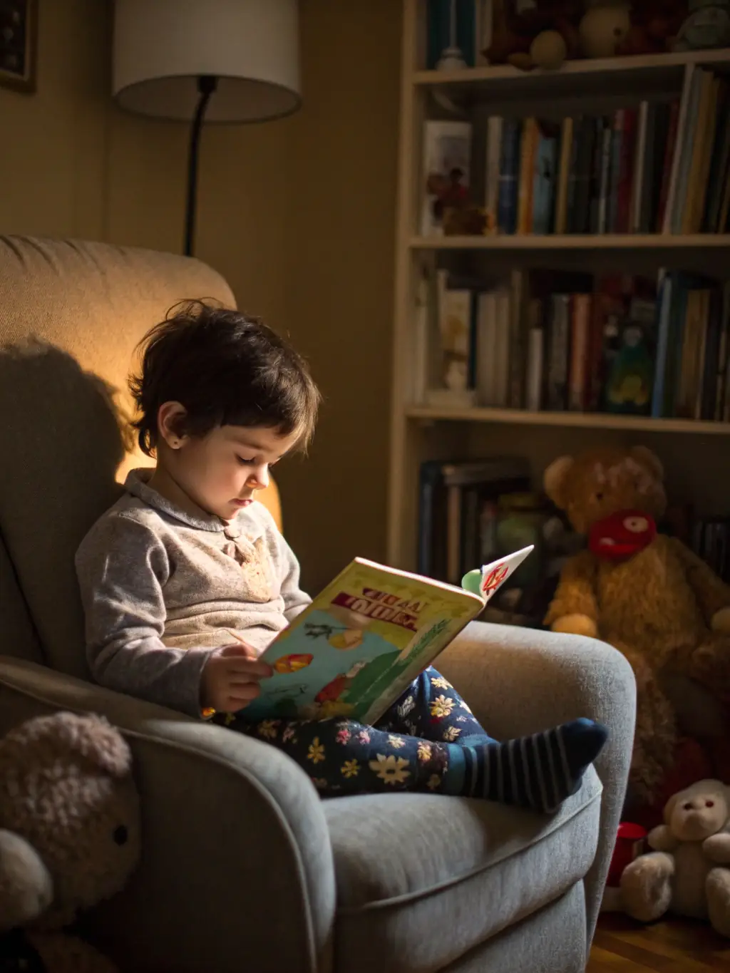A vibrant image showcasing a kindergarten student happily engaged in a reading lesson with colorful books and learning materials, set in a cozy home environment.