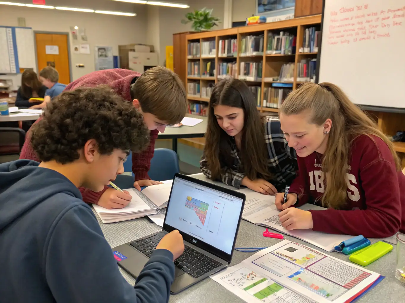 A group of middle school students working on a project together, demonstrating teamwork and problem-solving skills in a homeschool co-op environment.