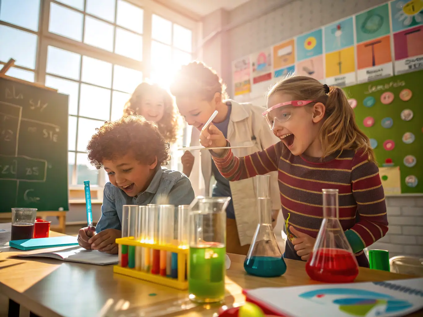 A group of elementary students engaged in a hands-on science experiment, showcasing collaborative learning and interactive education in a homeschool co-op setting.