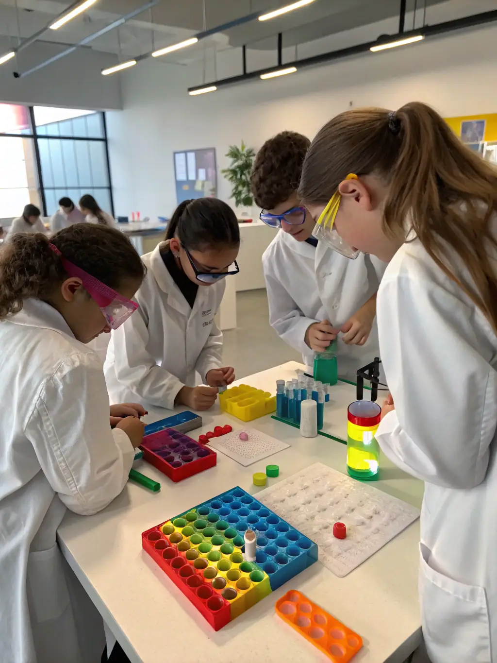 An image depicting a group of middle school students collaborating on a science project, using lab equipment and displaying enthusiasm for experimentation.