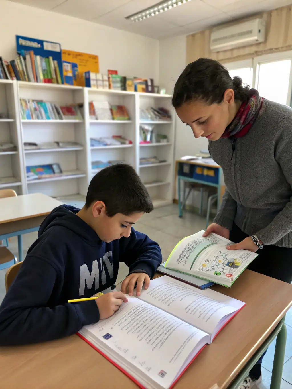 A photograph of a high school student deeply engrossed in a literature book, with annotations and thoughtful expressions, set in a quiet study space.